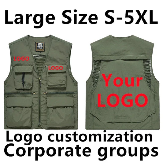 DIY Logo Custom Work Vest Multi Pocket Sleeveless Jacket Camping Big Size Men's Clothes  Plus Outerwear MAN Workwear LeisureY