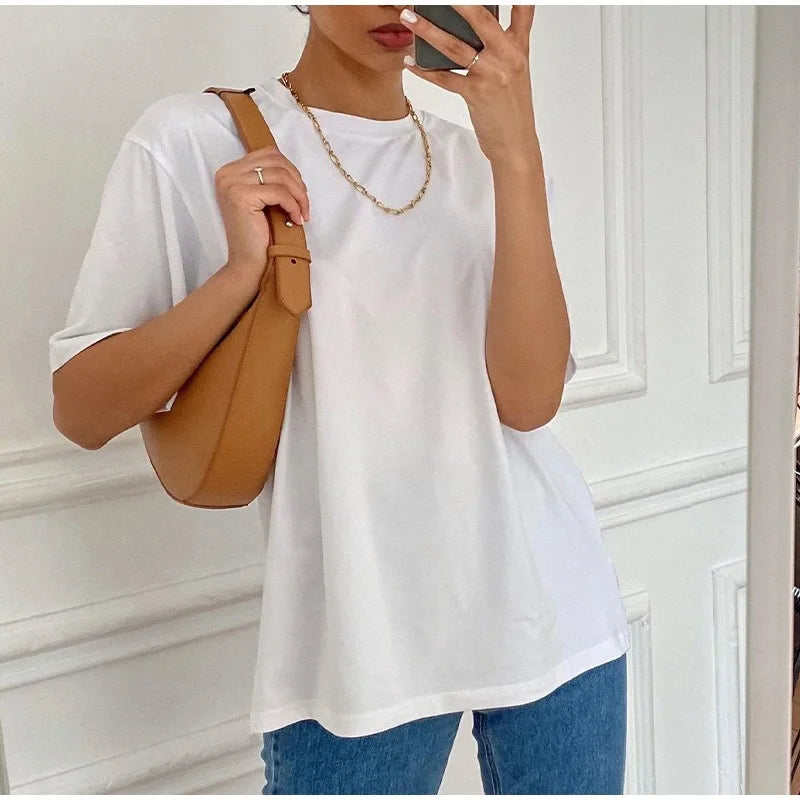 Simple White Oversize T-shirts For Women Cotton Summer Green T Shirts Women Short Sleeve Loose Blue T Shirt Women Yellow Top Tee