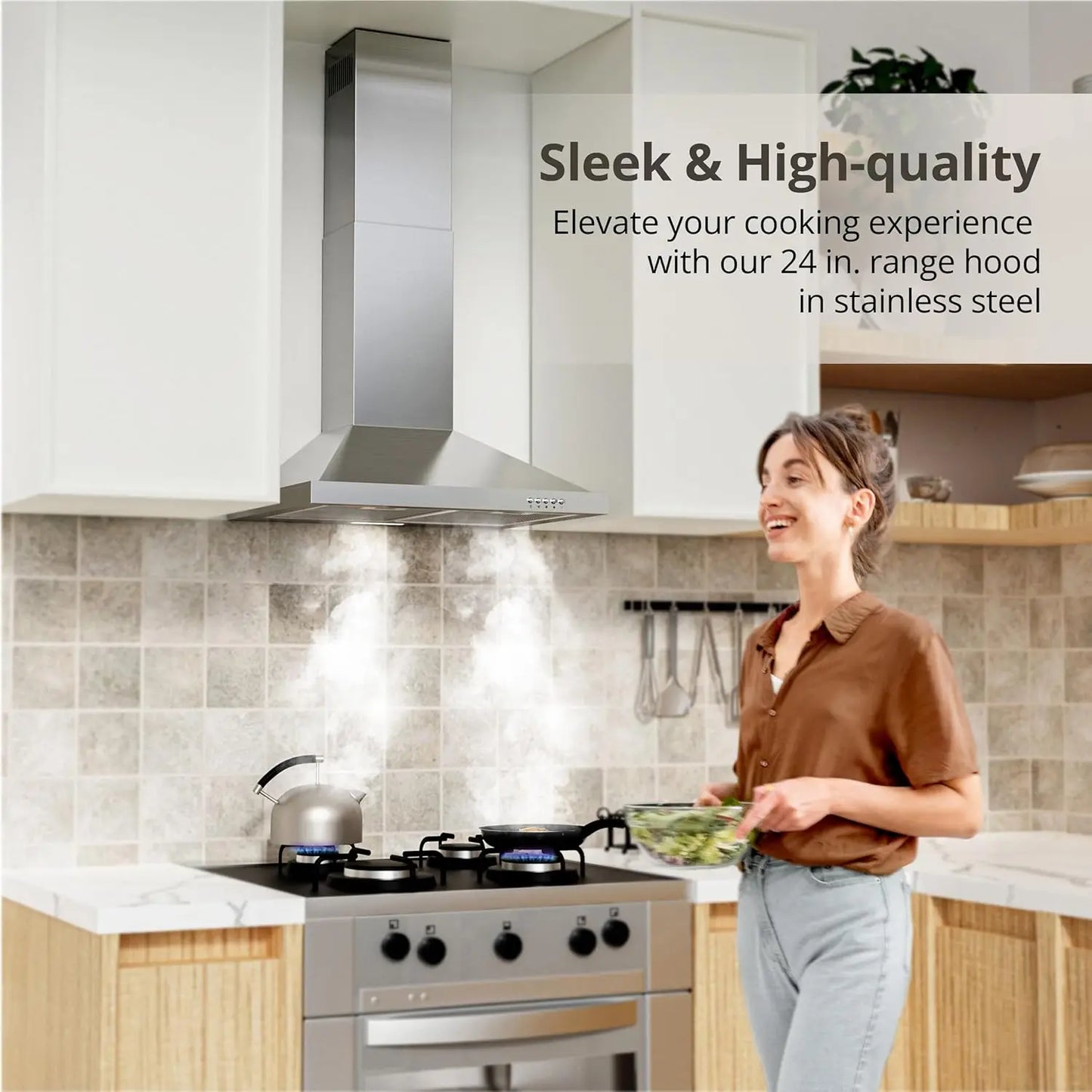 Range Hood 24 inch Wall Mount Type with Ducted/Ductless Convertible, 450 CFM Stainless Steel Chimney-Style Kitchen Hood, Over