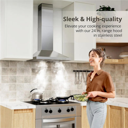 Range Hood 24 inch Wall Mount Type with Ducted/Ductless Convertible, 450 CFM Stainless Steel Chimney-Style Kitchen Hood, Over