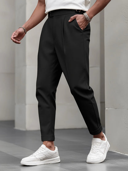 Men's Gurkha High Waist Pleated Cuffed Cropped Dress Pants Polyester Viscose Elastane Business Casual Black Beige Trousers