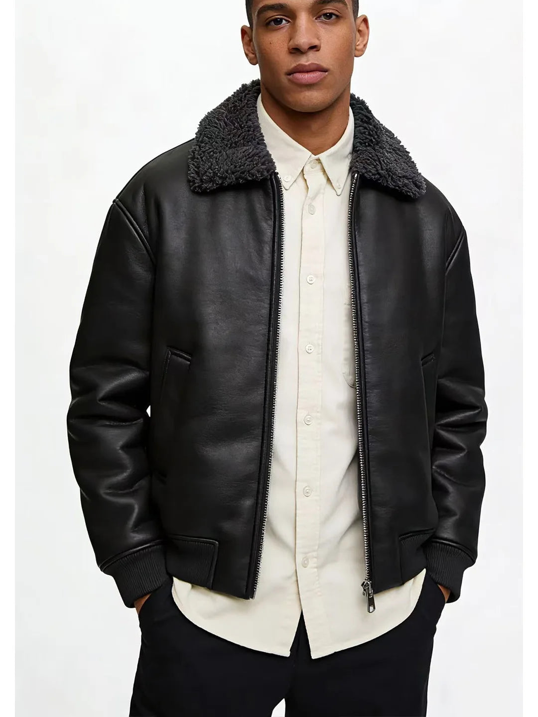 Loose Double-Sided Leather Effect Jacket Men's Casual Style Long Sleeve Zipper Closure Pure Color HMZR Autumn Winter New Arrival