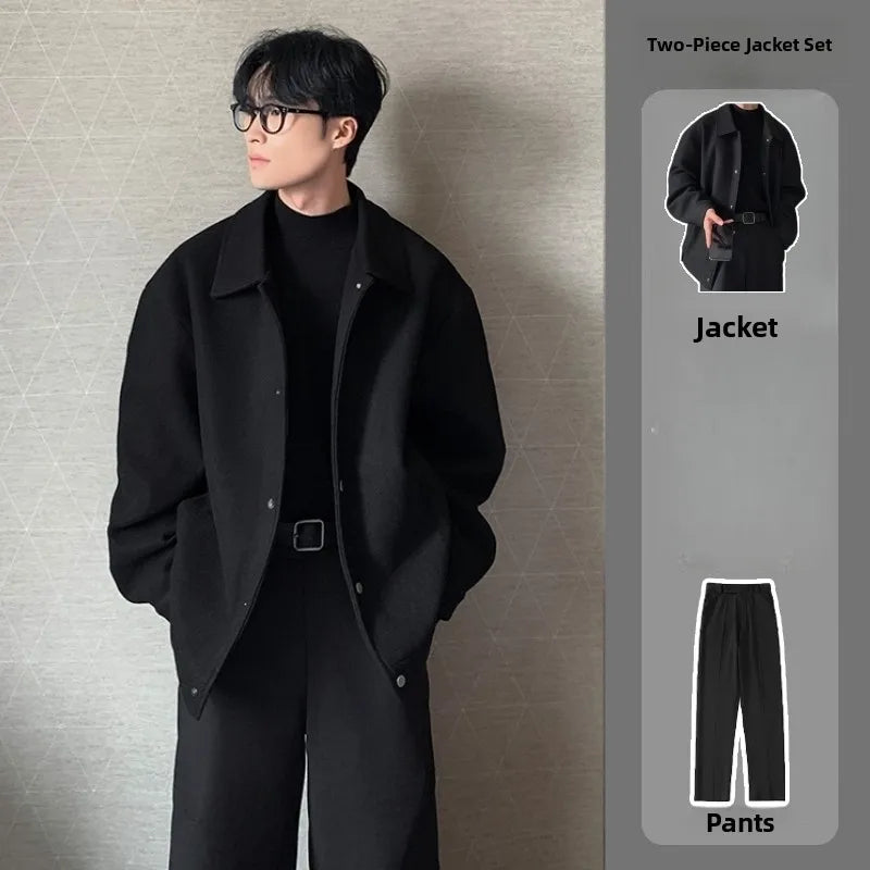 Men's Woolen Jacket Set Casual Autumn Winter Style Youth Long Sleeve Pants Three Piece Suit Elegant Fashionable Men's Wear