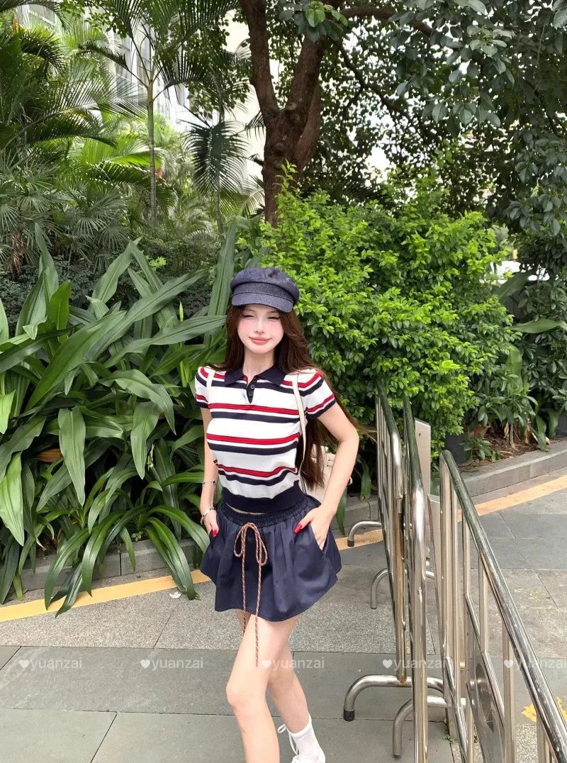 Miu Stripe  Neck Knitted Short Sleeve T-Shirt Women's Summer Design Sensible Short Style Korean Version Slim Fit Top