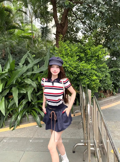 Miu Stripe  Neck Knitted Short Sleeve T-Shirt Women's Summer Design Sensible Short Style Korean Version Slim Fit Top