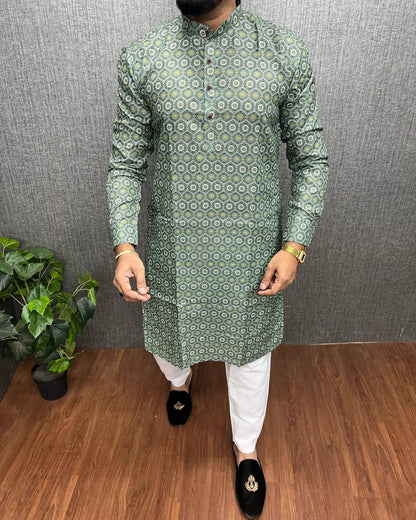 2026 Men Digital Printed Kurta Vardha Regular Fit Mandarin Collar Long Suitable All Occasions Such Wedding Hari Raya Aidilfitri