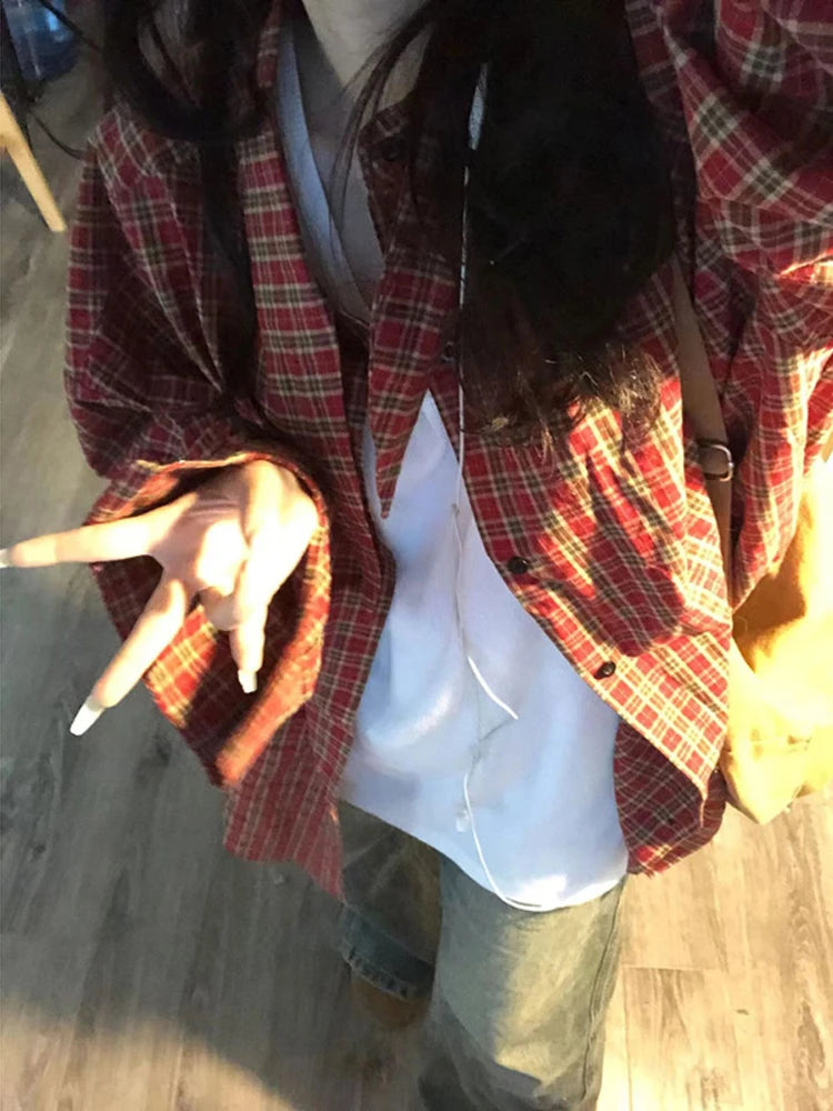Red Plaid Loose Long Sve irt Women's Spring 2026 New Lazy Sle Coat Top Commute Pattern Button oulder Drop Length