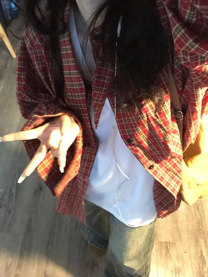 Red Plaid Loose Long Sve irt Women's Spring 2026 New Lazy Sle Coat Top Commute Pattern Button oulder Drop Length