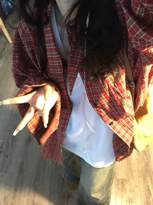 Red Plaid Loose Long Sve irt Women's Spring 2026 New Lazy Sle Coat Top Commute Pattern Button oulder Drop Length