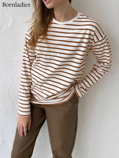 Bornladies 2025 Summer Long Sleeve Striped T-Shirts Women Basic Casual Tops Female Cozy Loose Cotton Tees Harajuku T Shirt New