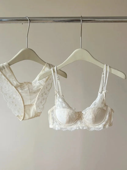 French Style Women's Minimizer Bra Sexy Lingerie Set Large Breast Support Half Cup Soft Underwire Anti Sagging Comfort Thin Bras