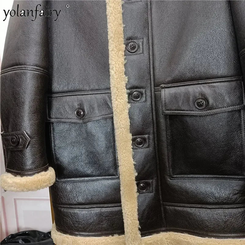YOLANFAIRY Original Natural Leather Fur Coat Men Long Hooded Sheepskin Real Fur Coat Genuine Leather Jacket Men's Winter Jacket