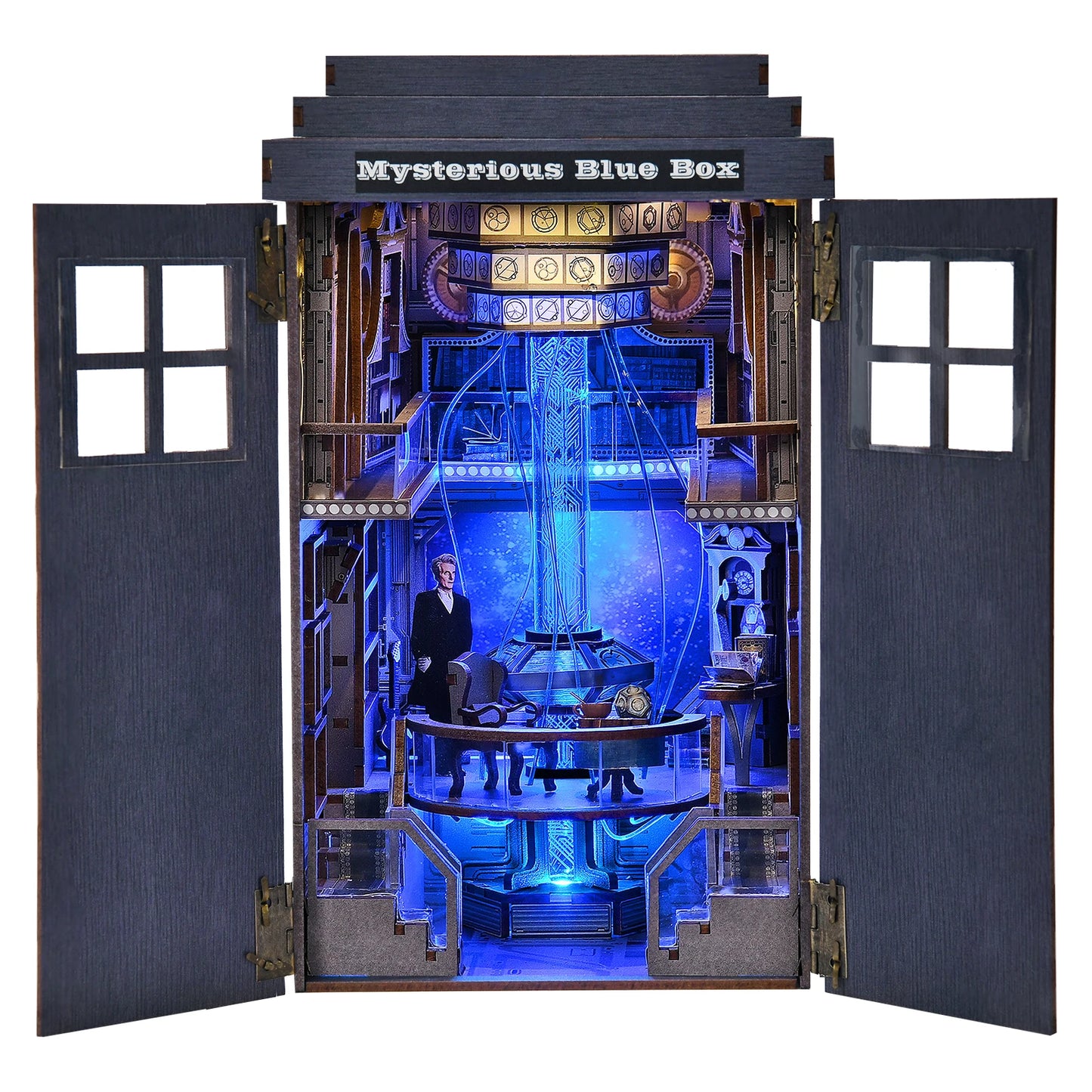 Book Nook Kit Blue Telephone Booth 3D DIY Wooden Puzzle Handmade Bookshelf Dollhouse Model Bookend Building Home Decoration