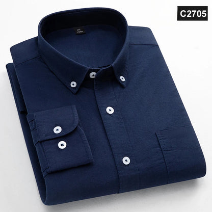 Classic Fit Fashion 100% Cotton Long-Sleeve Shirt for Men Single Pocket Slim Fit Casual Top Soft Oxford Solid Color Office Cloth