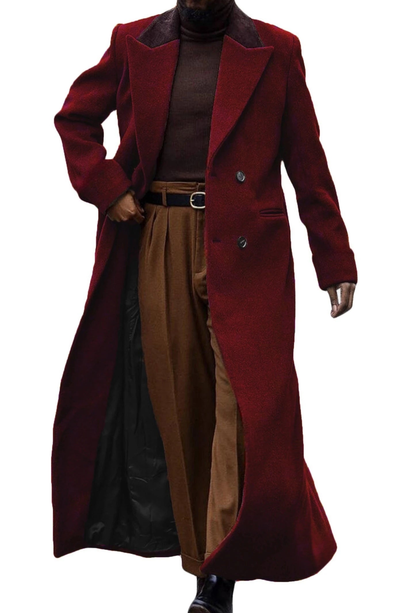 Mens Full Length Trench Coat Notched Lapel Long Jacket Double Breasted Classic Winter Overcoat