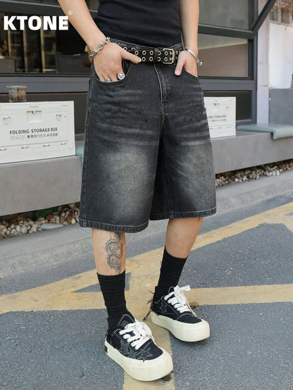 Fashion black non stretch denim jorts men loose fit casual solid color versatile casual style shorts