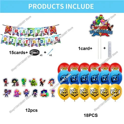 Anime Game Theme Party Supplies Flag Pull Banner Cake Topper Balloon Set Kid Girl Boy Happy Birthday Party Baby Shower Decor