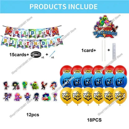 Anime Game Theme Party Supplies Flag Pull Banner Cake Topper Balloon Set Kid Girl Boy Happy Birthday Party Baby Shower Decor