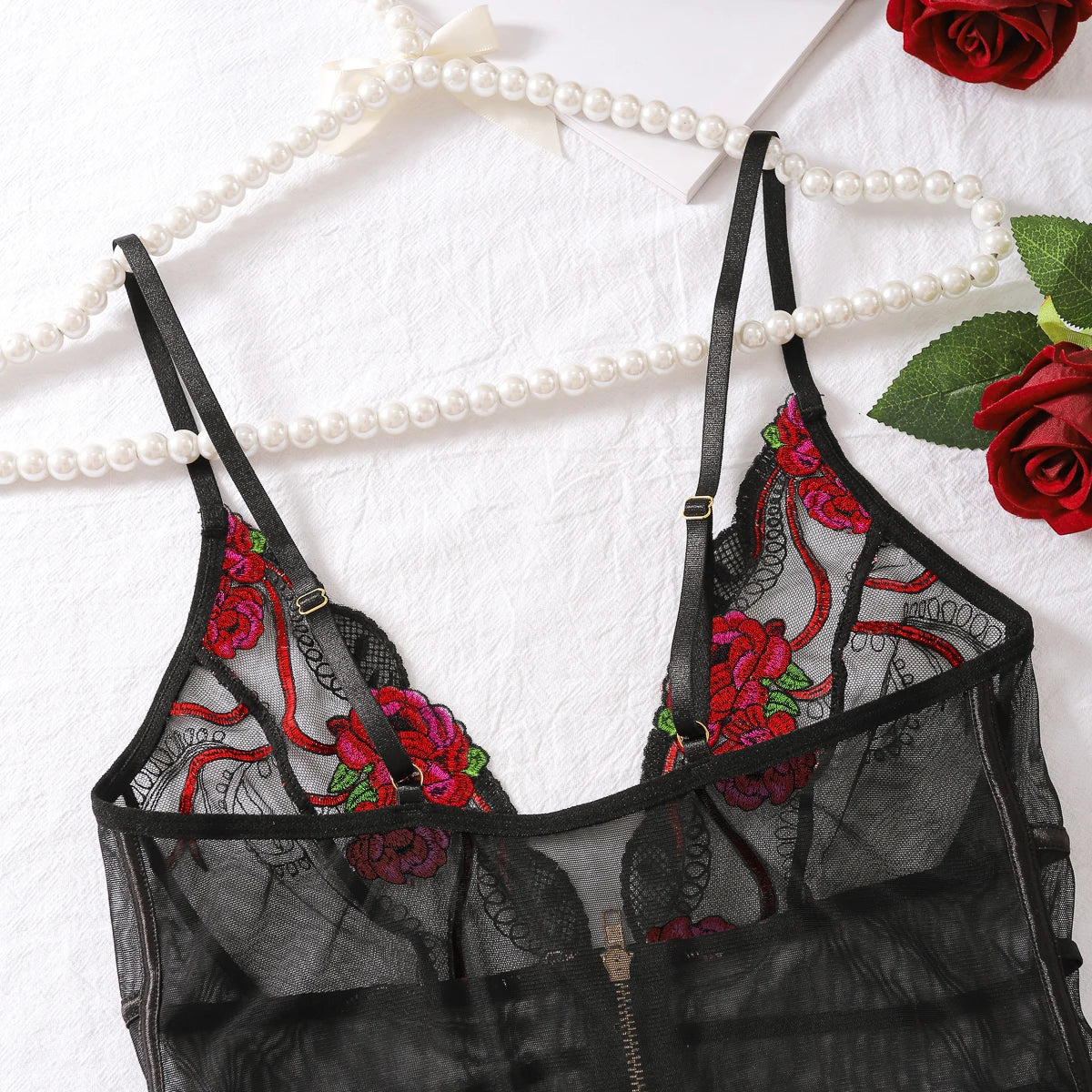 2024 New Fashionable and Sexy Lace Mesh Embroidered Transparent V-neck Mischievous Temptation Style Strap jumpsuit