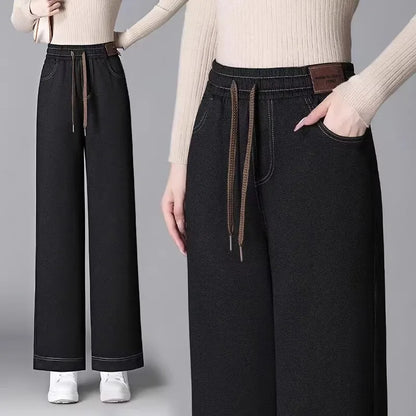High Waist Thickened Fleece Lined Wide Leg Jeans Women's Casual Straight Cut Trousers Autumn Winter New Style Slimming Effect