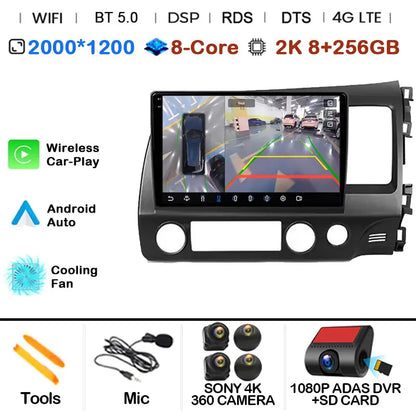 Car Radio Android 15 For Honda Civic 8 FK FN FD 2005 - 2012 RHD Multimedia Player Navigation GPS Carplay Stereo BT Head Unit DSP