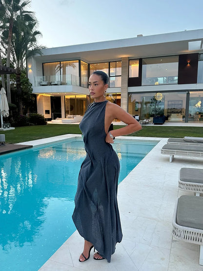 Female Chic Irregular Ruffled Crop Maxi Party Gown 2026 Elegant Luxury Diagonal Hem Dresses Casual Sleeveless Slim Fit Vistidos