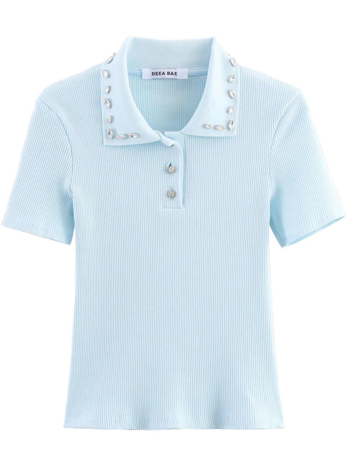 Retro American Diamond Embedded Short Sleeve Knitted T-shirt Women's Sweet Anti-aging Top Jewelry Collar Turn-down Collar