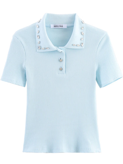 Retro American Diamond Embedded Short Sleeve Knitted T-shirt Women's Sweet Anti-aging Top Jewelry Collar Turn-down Collar
