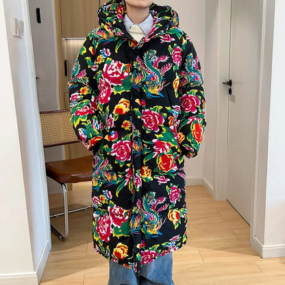 Thickened Long over Knee Hooded Fleece Lined Northeast Big Flower Coat Men's Cotton Jacket Youth Fashion Sport Scene Casual Coat