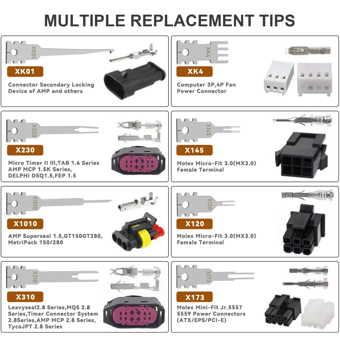 Double headed detachable terminal pin extraction tool suitable for AMP Metri Pack  Molex connectors, and General Motors repair