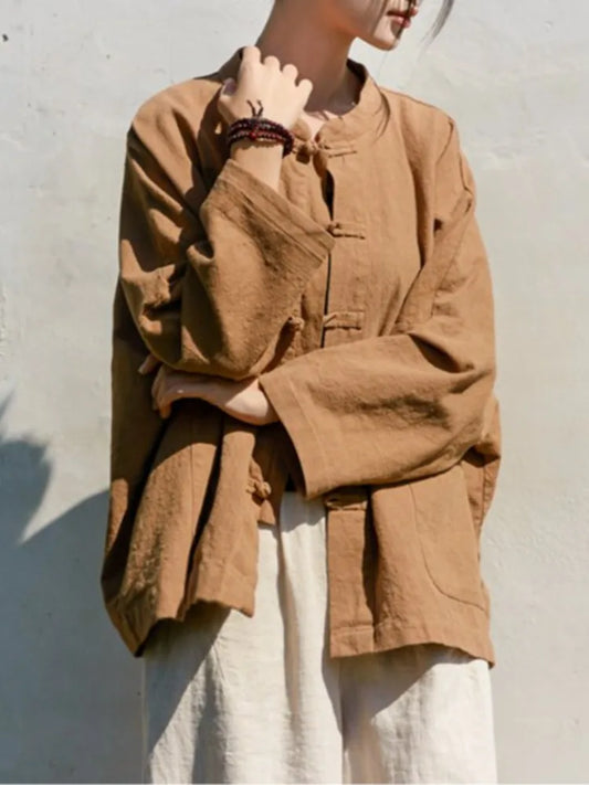 Retro Chinese Cotton Linen Shirt Jacket Women Spring Zen Collar Button Long Sleeve Slimming Linen Outerwear Top