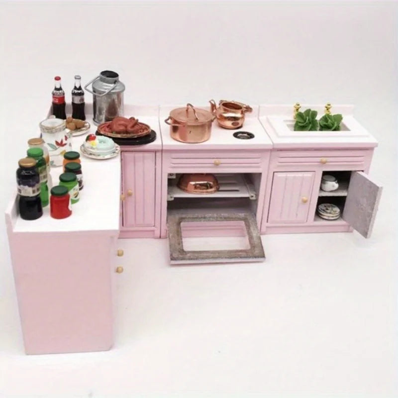 Playdoll House Miniature Furniture Kitchen Set with Wooden Pink Cabinet and Sink