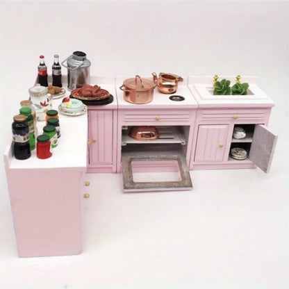 Playdoll House Miniature Furniture Kitchen Set with Wooden Pink Cabinet and Sink