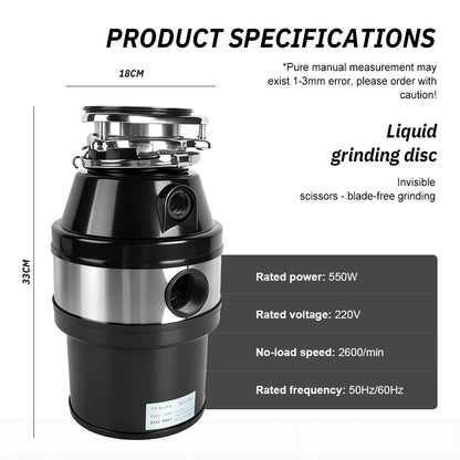 Electric Kitchen Food Waste Disposer Heavy-duty Under Sink Grind Garbage Disposal Unit Food Waste Grinder Machine 220V 550W