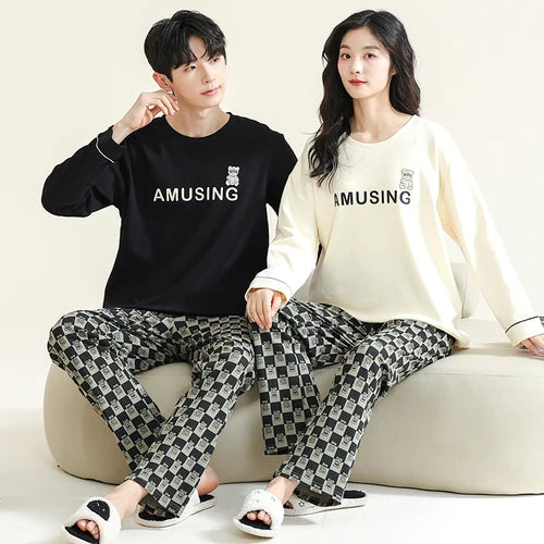 2023 New Cartoon Cute Pajamas Set for Couples Cotton Long Sleeves Sleep Top & Long Pant Spring Nightwear for Men and Women Pjs