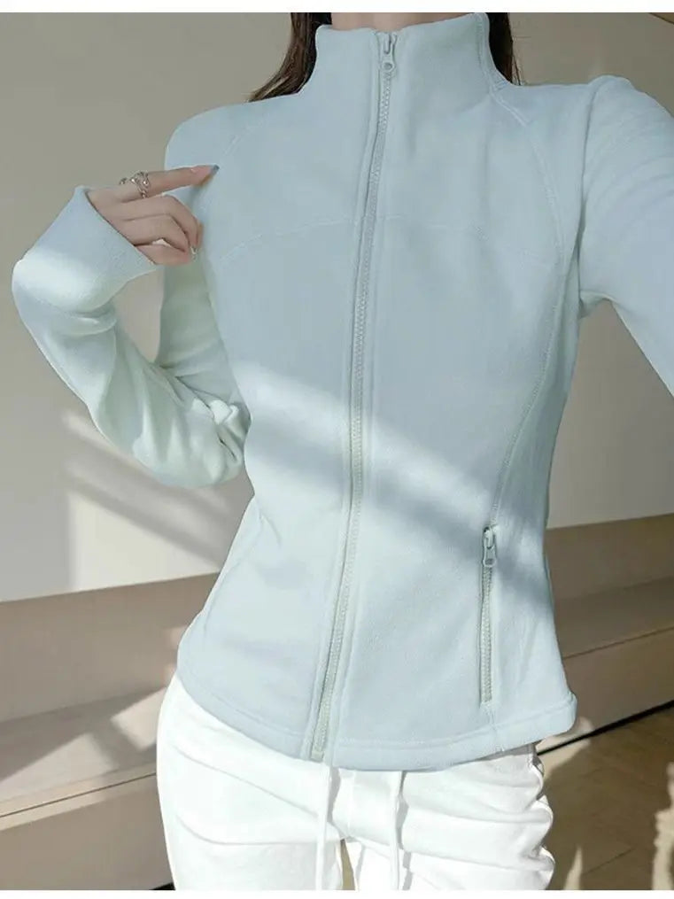 Thickened Fleece Women's Zipper Hoodie Slim Fit Warm Outerwear Stand Collar Cardigan Long Sleeve Autumn Winter Fashionable Top