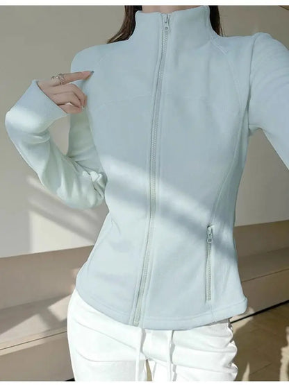 Thickened Fleece Women's Zipper Hoodie Slim Fit Warm Outerwear Stand Collar Cardigan Long Sleeve Autumn Winter Fashionable Top