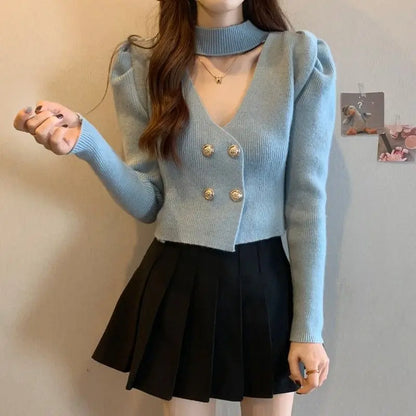 Elegant V-Neck Bubble Sleeve Knitwear Short Top Fashion Trend Neck Hanging Style Girl's French Style Slim Fit Long Sleeve Autumn