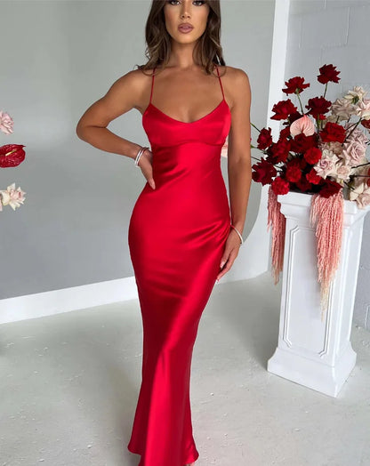 New Fashion Backless Women's Evening Dresses Slash Neck Spaghetti Strap Satin Dress Spring and Summer High Waist Slim Lady Dress
