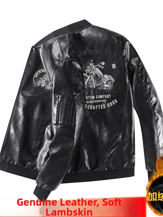 Leather Jacket Men's Baseball Collar Fleece Lined Thick Loose Casual Trendy Motorcycle Clothes Jacket Embroidered Outerwear