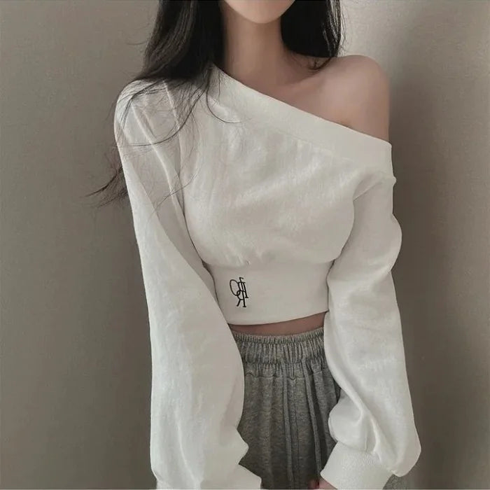 Slim Fit Long Sleeve Hoodie Women's Style Irregular Collar Show Shoulder Waist Cinching Short Length Commute Fashion  Color