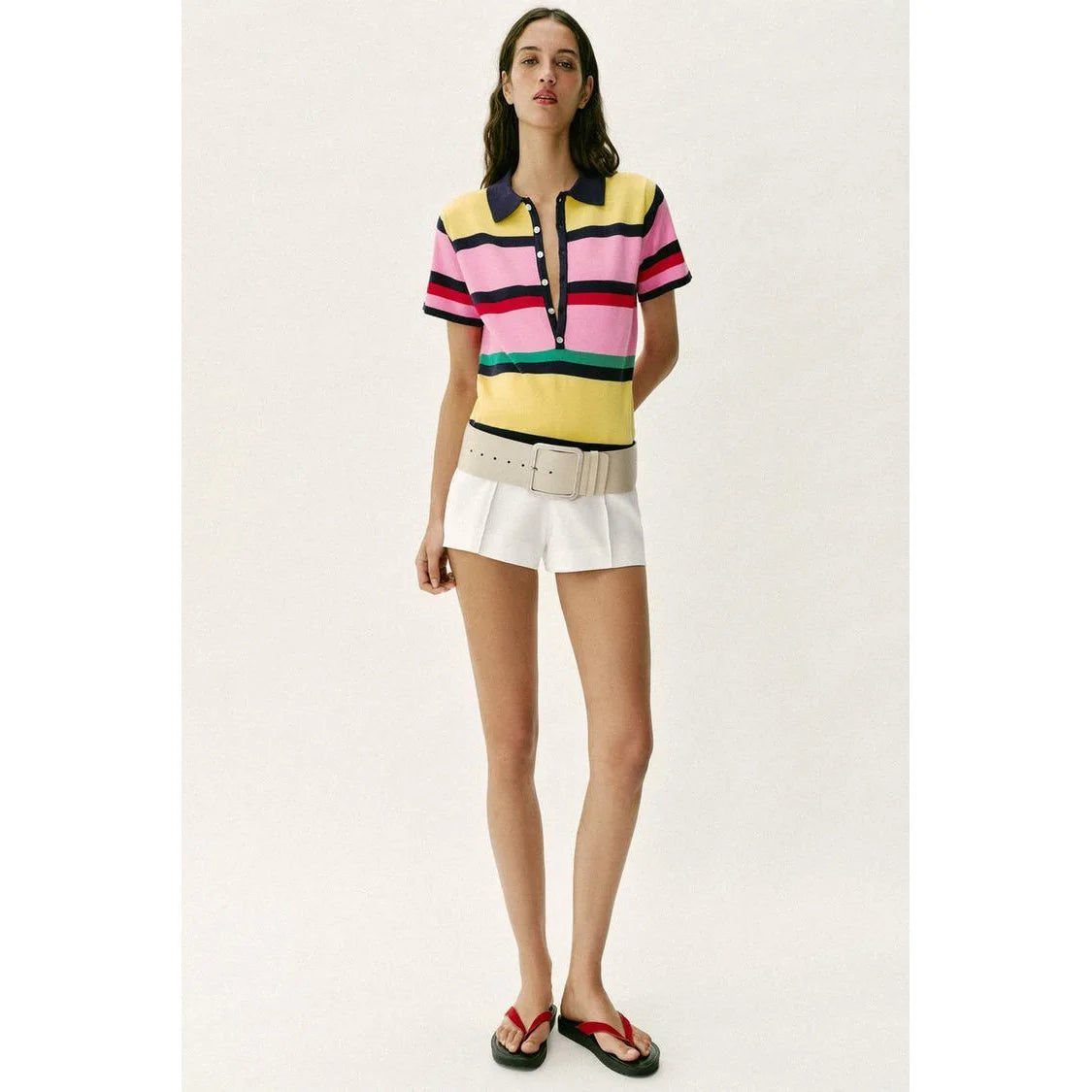 Fashionable Striped Knitted  Shirt Women's Spring Summer New Arrival Versatile Loose Fit Casual Polyester Fiber Short Sleeve