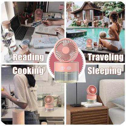 Portable Spray Fan USB Rechargeable 3 in 1 Cooling Humidifier Aroma Diffuser Night Light Desk Fan for Office Dorm Car Travel