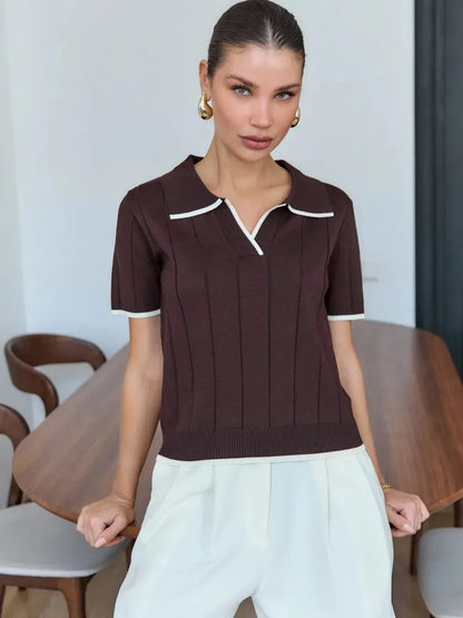 Brown Contrast White Trim Knit Polo Top for Women Short Sleeve V Neck Slim Fit Casual Knitwear
