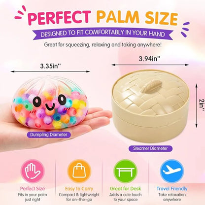 Rainbow Dumpling Squishy with Bead Sensory Squeeze Toy for Stress Relief with Bamboo Steamer Funny Gift