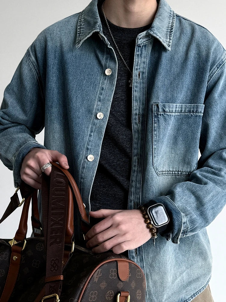 American Vintage Washed Distressed Denim Shirt Mens Plus Size Long Sleeve Spring Fall Casual Premium Trendy Classic Blue Tops