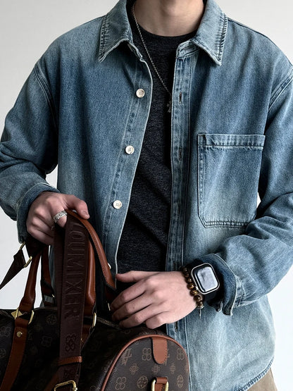 American Vintage Washed Distressed Denim Shirt Mens Plus Size Long Sleeve Spring Fall Casual Premium Trendy Classic Blue Tops