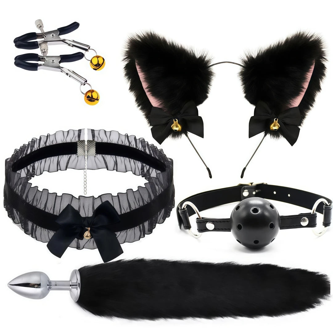 5 In 1 Fox Tail Butt Plug Set Cat Ears Headband Choker Ball Gag Nipple Clamps BDSM Cosplay Pet Play Accessories for Couples
