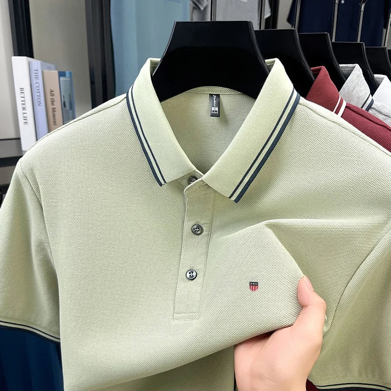 Summer men's exquisite embroidered short-sleeved POLO shirt 100% cotton breathable striped lapel daily business casual T-shirt