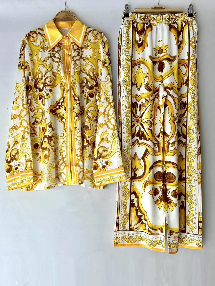 Luxury printed loose long-sleeved shirt 2024 spring and summer women's two-piece suit+elastic waist straight pants casual suit